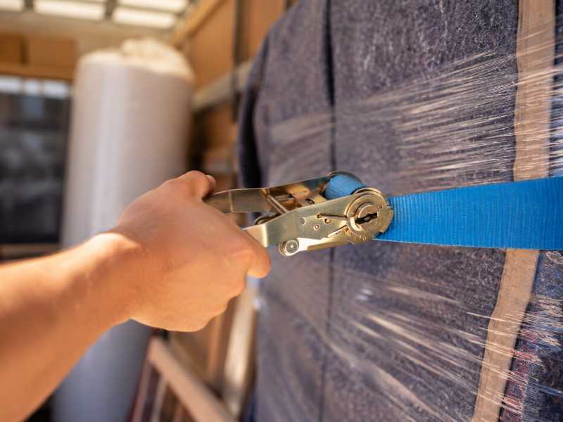 Arrimage du mobilier par sangles avant un trajet longue distance