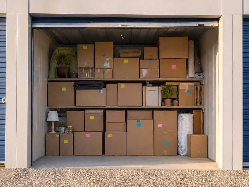 Box de stockage avec cartons empilés et étiquetés