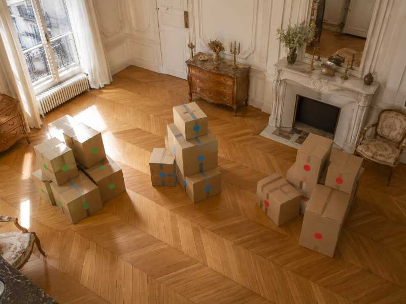 Cartons étiquetés par destination lors d’un tri de mobilier