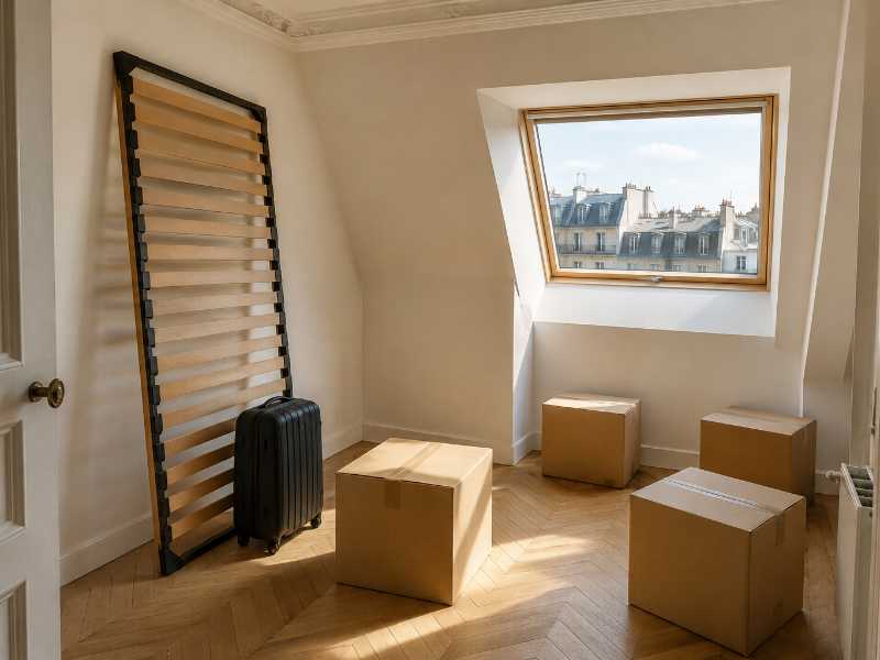 Chambre étudiante avec cartons prêts et lit démonté avant le transfert