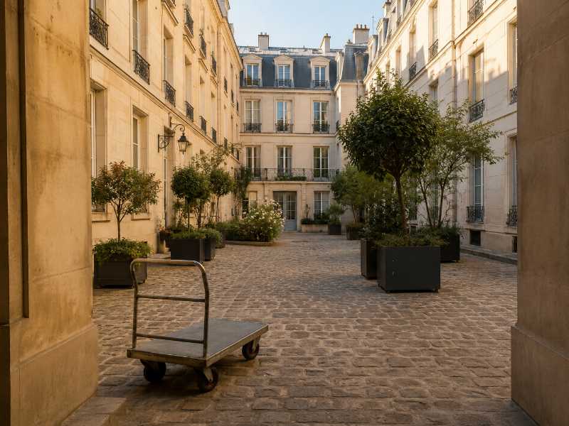 Cour privée d’un immeuble ancien du 9e arrondissement lors d’une sortie d’instrument