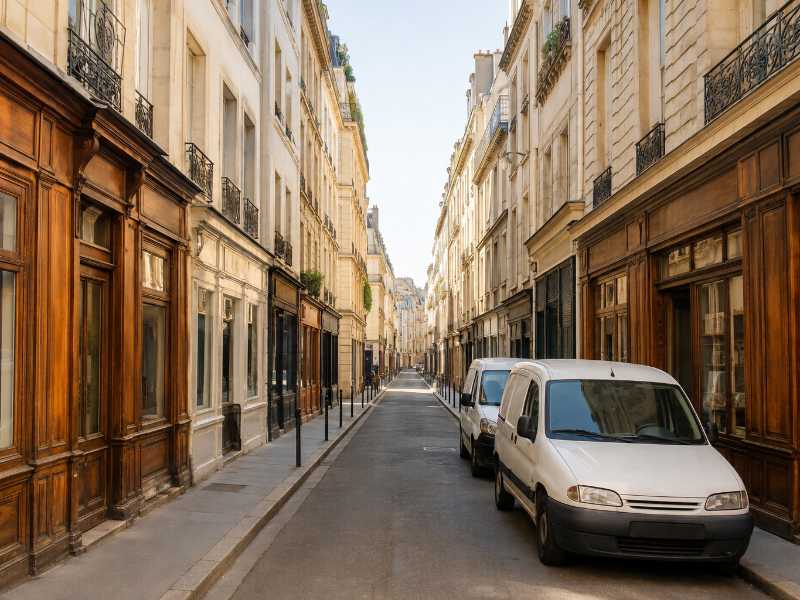 Deux utilitaires légers stationnés dans une rue étroite du centre de Paris