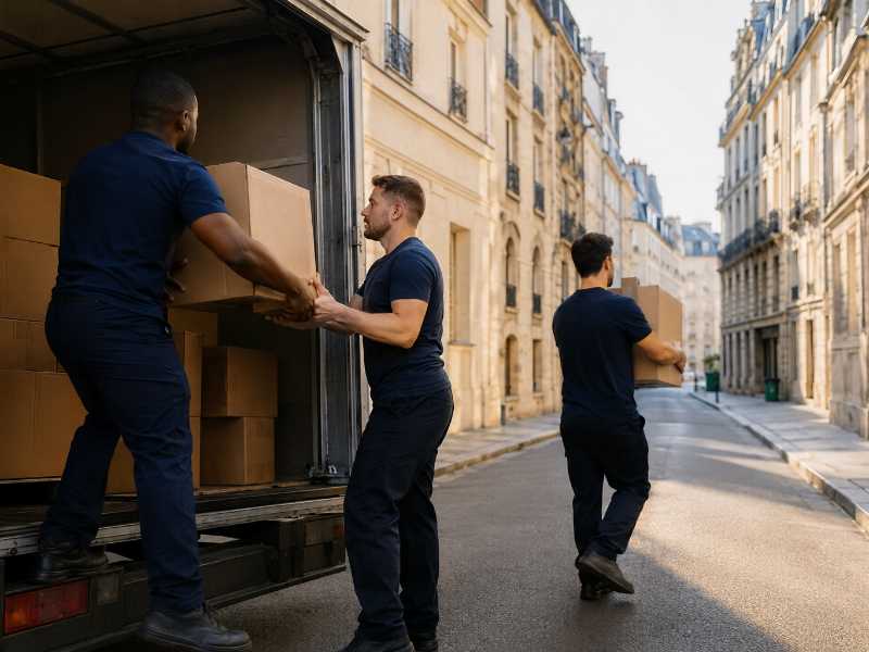 Équipe de déménageurs chargeant un utilitaire tôt le matin dans Paris