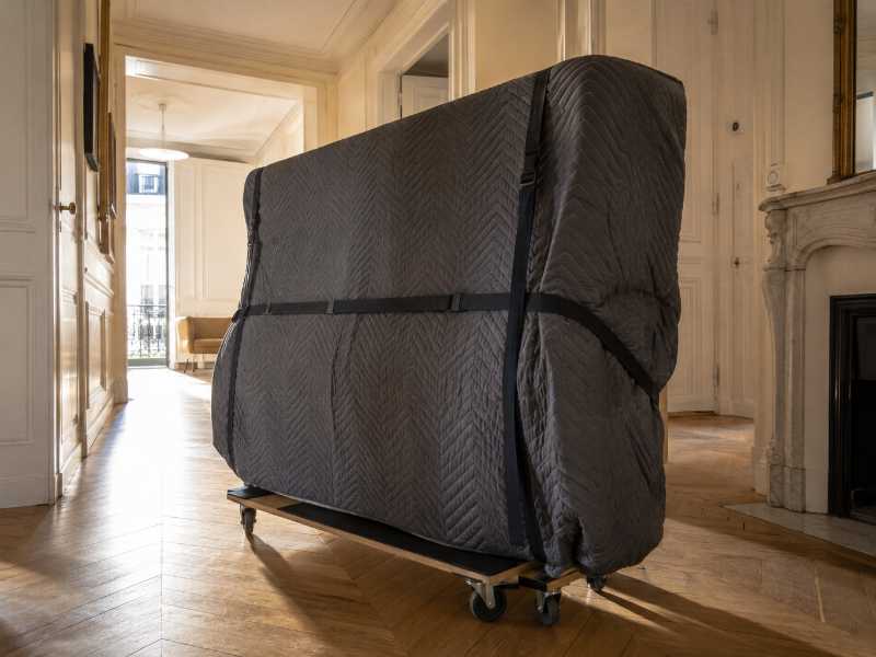 Piano droit protégé par une housse matelassée avant sa descente