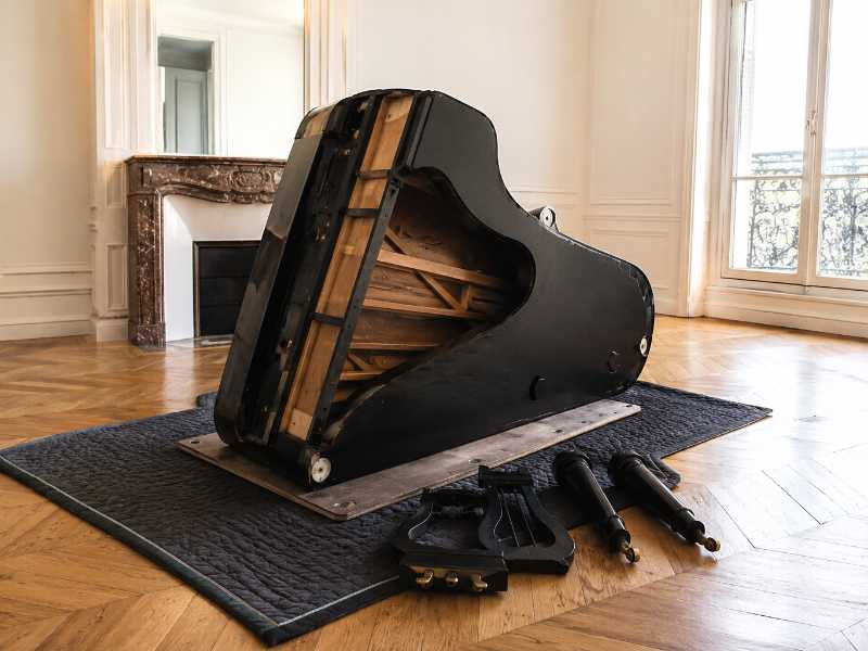 Piano à queue posé sur une planche de transport, pieds démontés